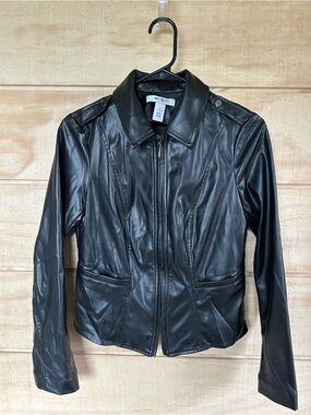 White House Black Market Black Faux Leather Zip-Up Jacket Size 2